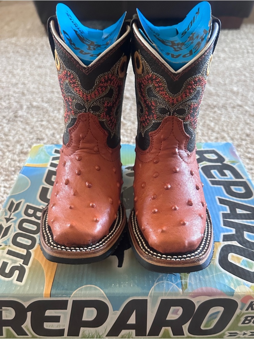Reparo Kids Western Ostrich-Style Genuine Leather Cowboy Boots - Brown & Black